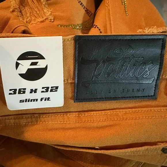 Politics rhinestone khaki/green distressed jeans men’s size 36/32 - Picture 13 of 13